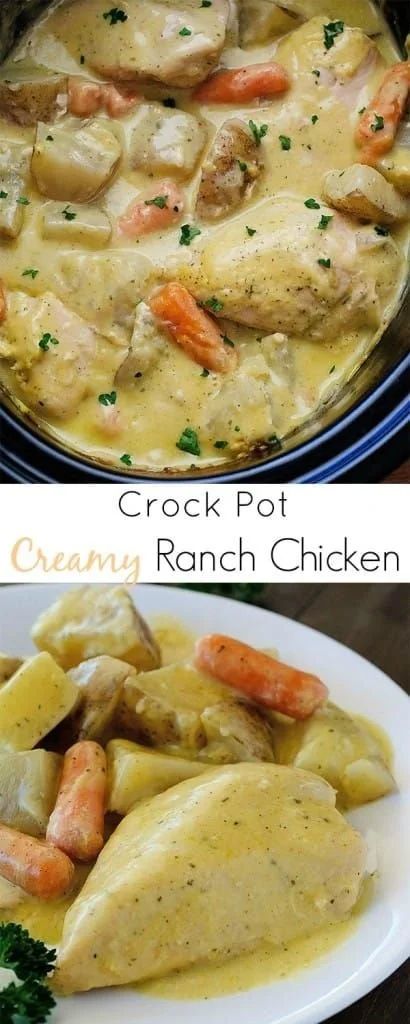 Crock Pot creamy ranch chicken served with vegetables on a plate