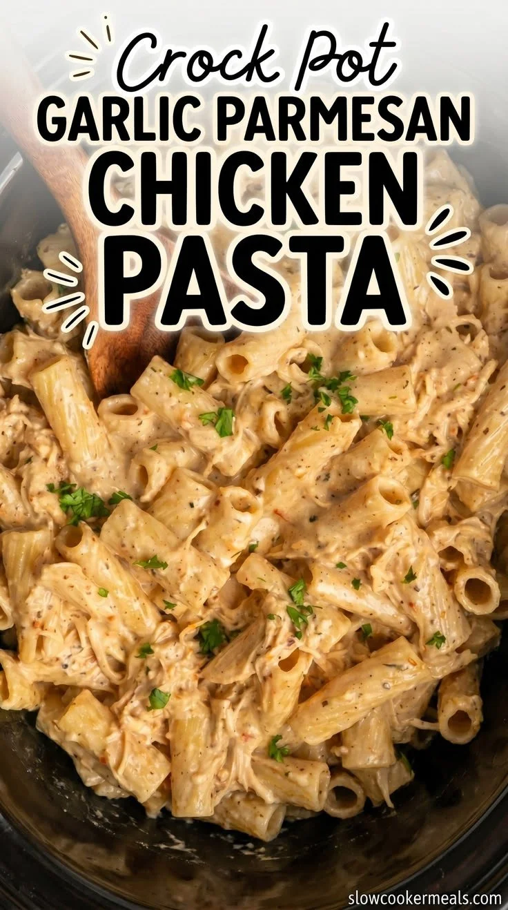 Crock Pot Garlic Parmesan Chicken Pasta served in a bowl with herbs