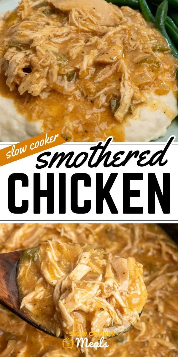 Crock Pot Smothered Chicken with gravy served on a plate.