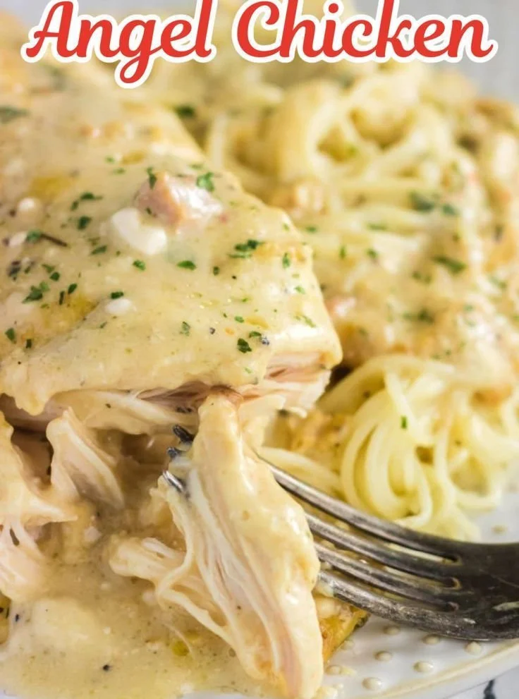 Crockpot Angel Chicken recipe with tender chicken breasts in a creamy sauce