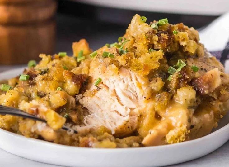 Crockpot chicken and stuffing dish ready to serve