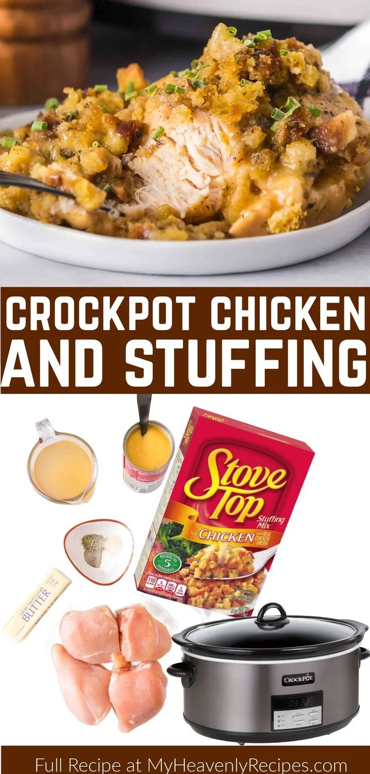Delicious Crockpot chicken and stuffing served in a bowl