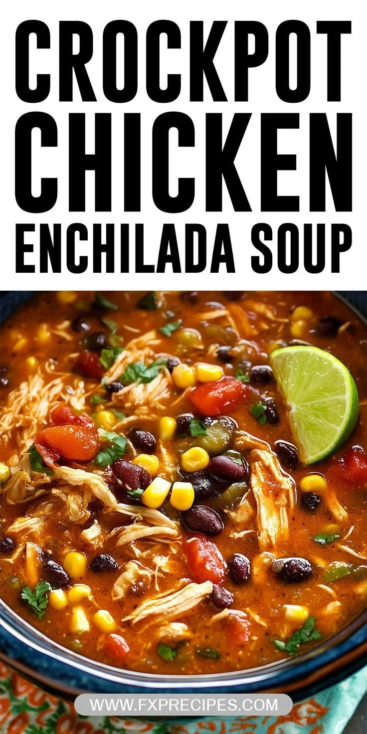 Bowl of Crockpot Chicken Enchilada Soup topped with cilantro and cheese