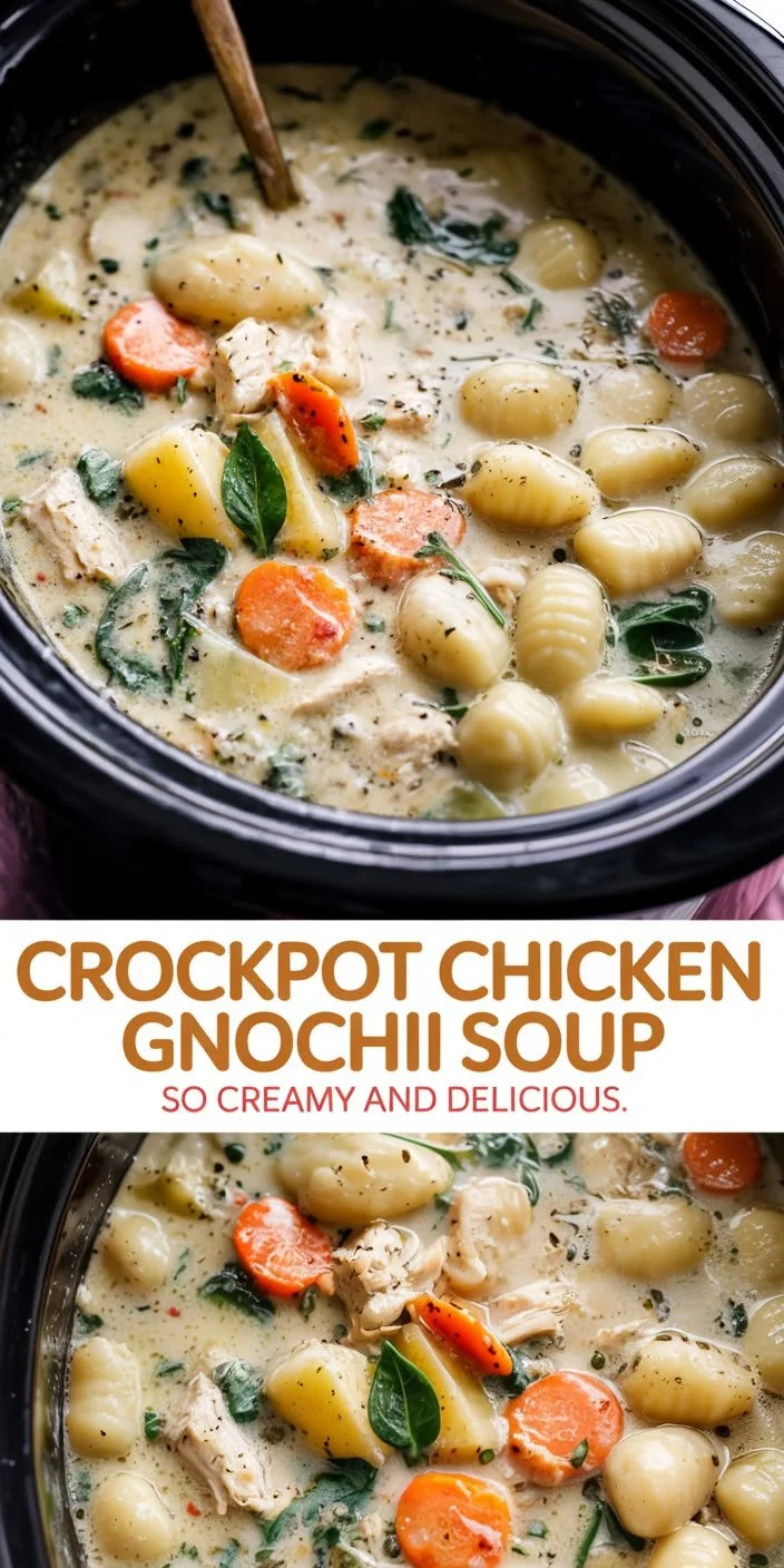 Crockpot chicken gnocchi soup in a bowl with fresh herbs and ingredients