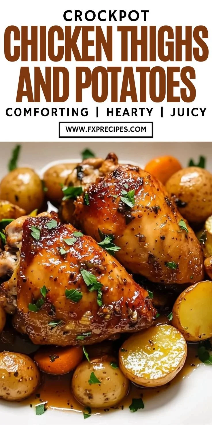 Delicious Crockpot Chicken Thighs and Potatoes ready to serve.