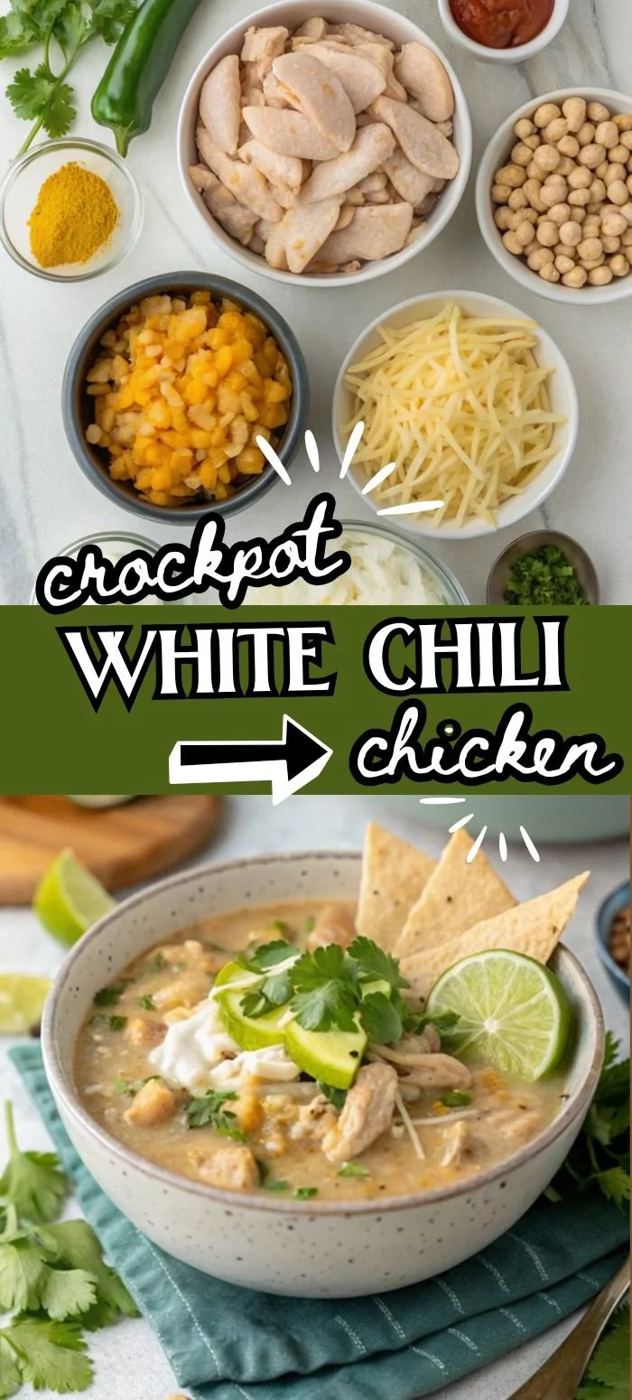 Bowl of creamy Crockpot White Chicken Chili topped with cilantro and jalapenos