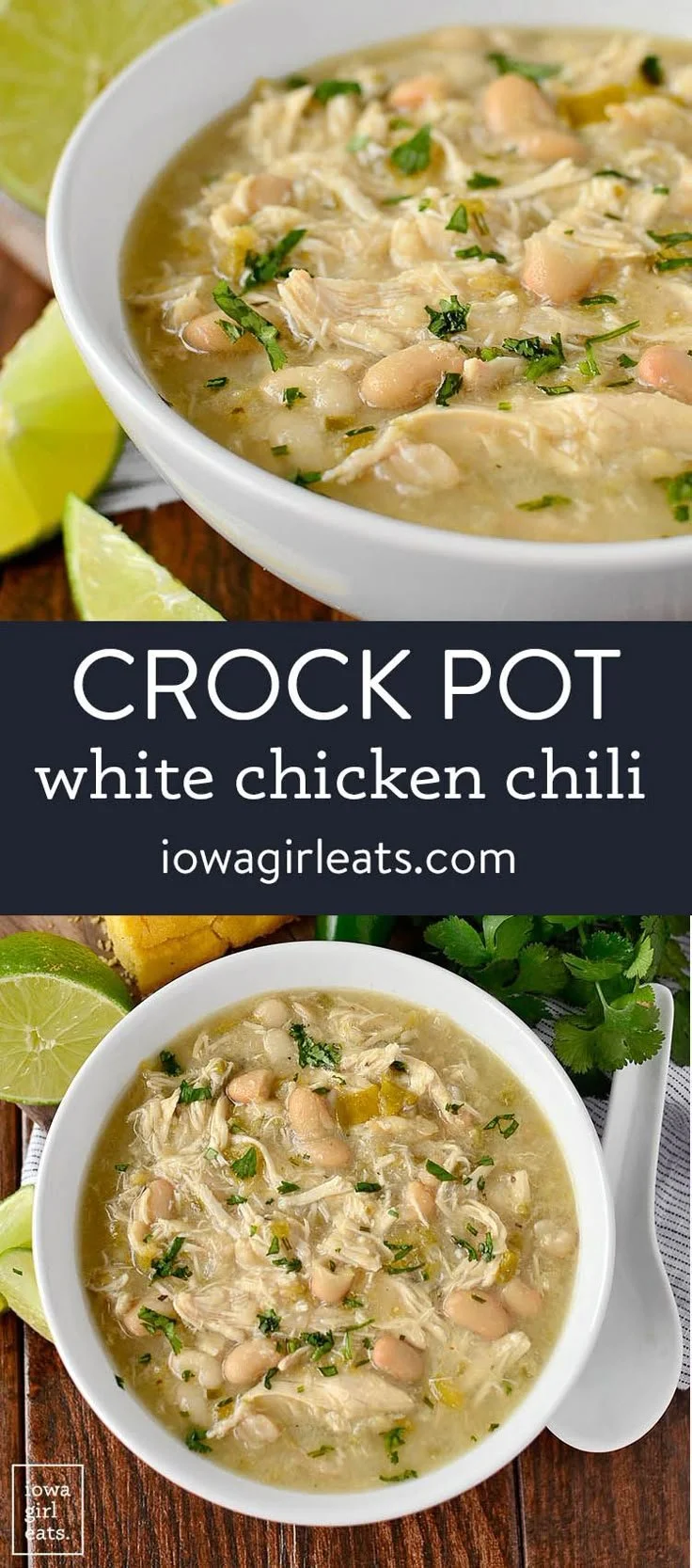 Delicious bowl of CrockPot white chicken chili topped with cilantro and lime.