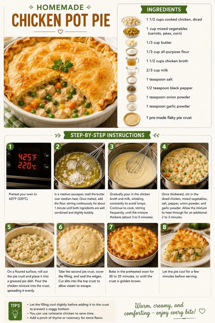 Double crust chicken pot pie baked in a cast iron skillet.