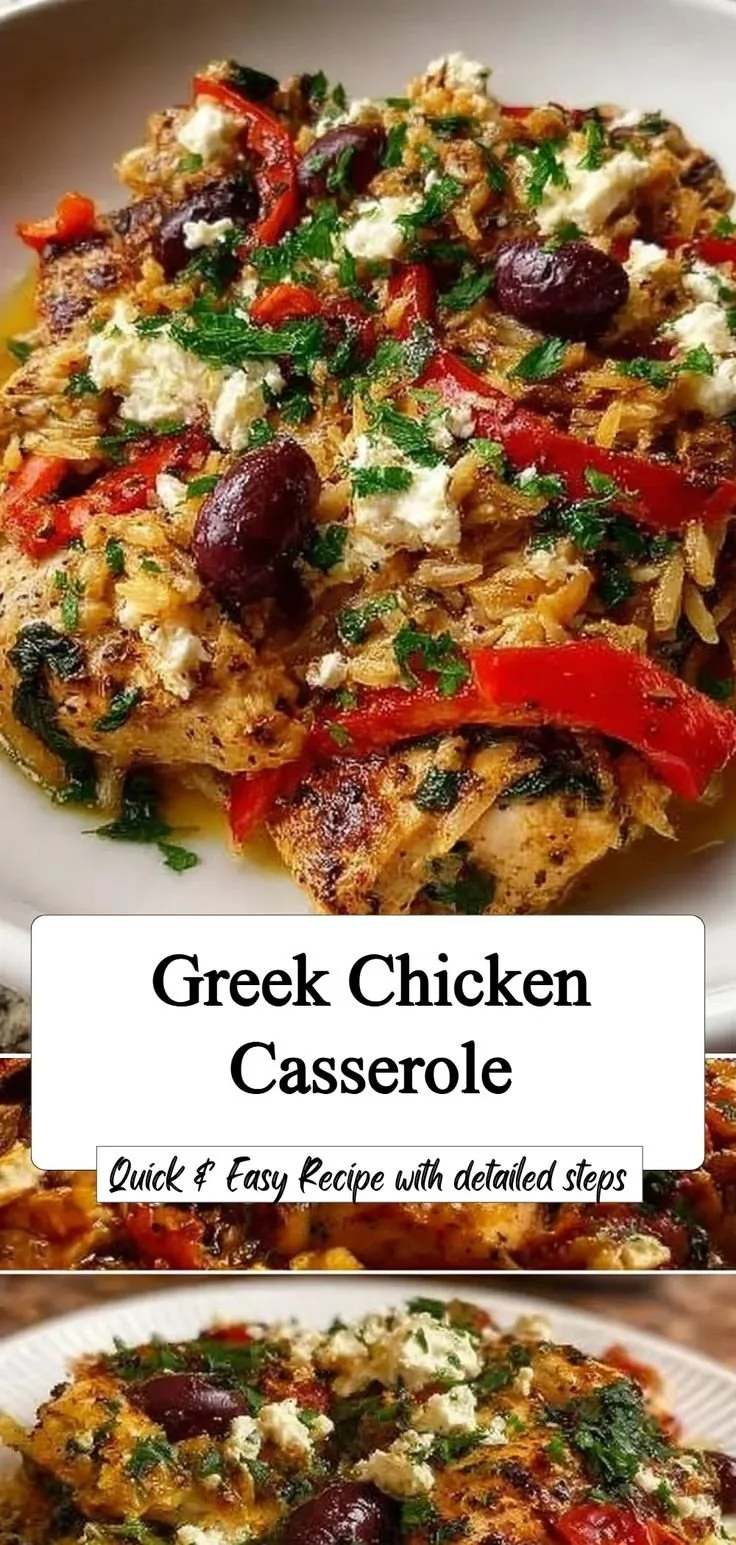 Delicious Greek Chicken Casserole topped with herbs and cheese, ready to serve.