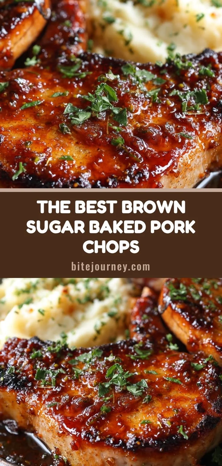 Deliciously baked brown sugar pork chops served with a side of vegetables