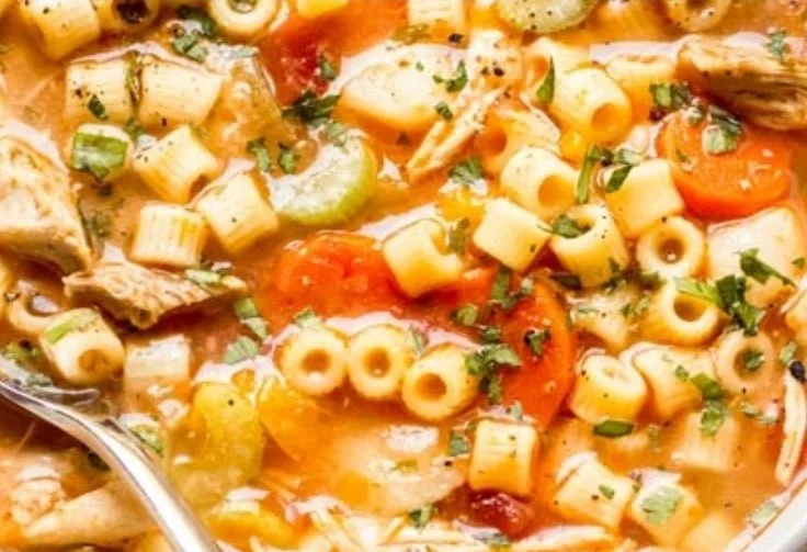 Bowl of easy chicken soup with vegetables and herbs