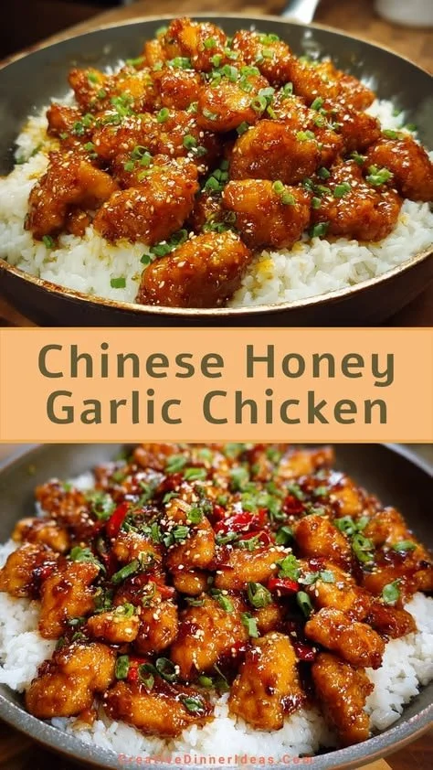 Delicious easy Chinese honey garlic chicken served with vegetables
