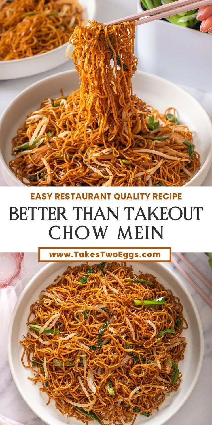 Delicious homemade Chow Mein noodles served in a bowl