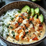 Delicious easy coconut chicken rice bowl topped with fresh herbs and vegetables.