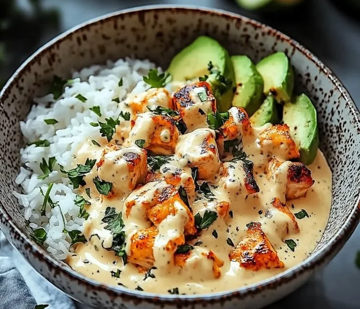 Delicious easy coconut chicken rice bowl topped with fresh herbs and vegetables.