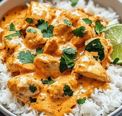 Delicious coconut chicken rice bowl topped with fresh herbs and vegetables