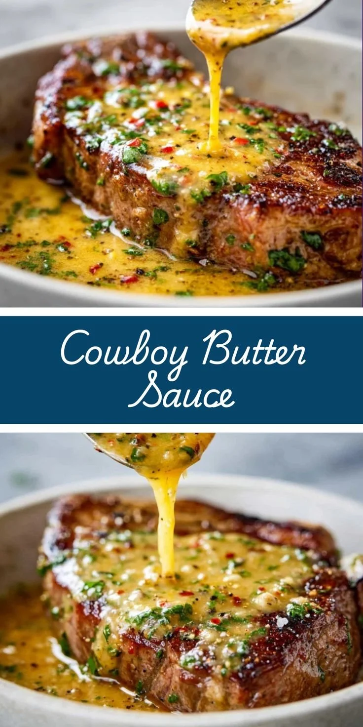 Delicious cowboy butter sauce with garlic, herbs, and lemon for steaks.