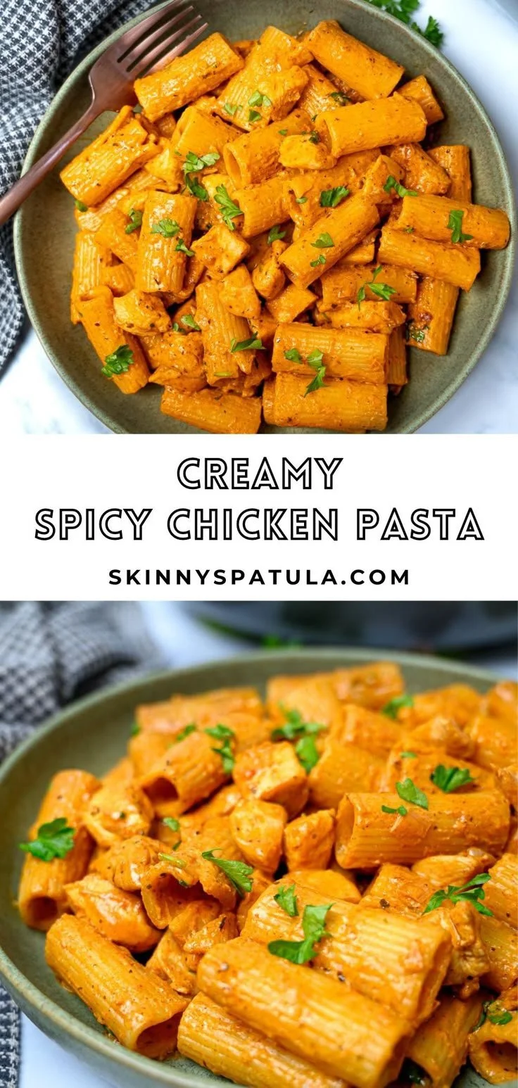 Plate of easy creamy spicy chicken pasta garnished with herbs