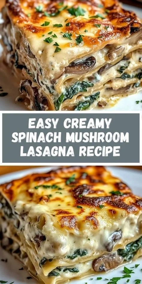 Delicious creamy spinach mushroom lasagna served hot in a dish