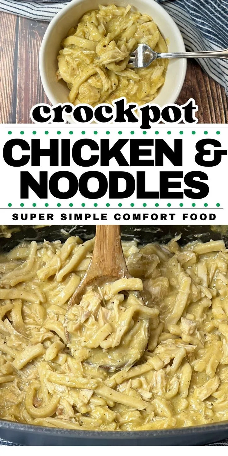 Bowl of Easy Crock Pot Chicken and Noodles garnished with parsley
