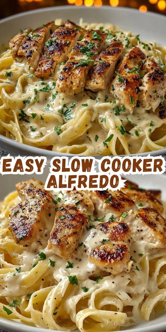 Delicious bowl of easy Crockpot Chicken Alfredo served with pasta