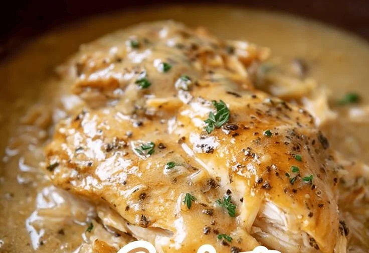 Slow-cooked Crockpot Chicken with creamy gravy served on a plate