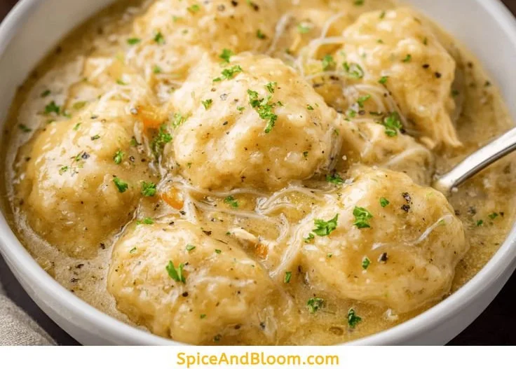 Delicious crockpot chicken and dumplings served in a bowl.