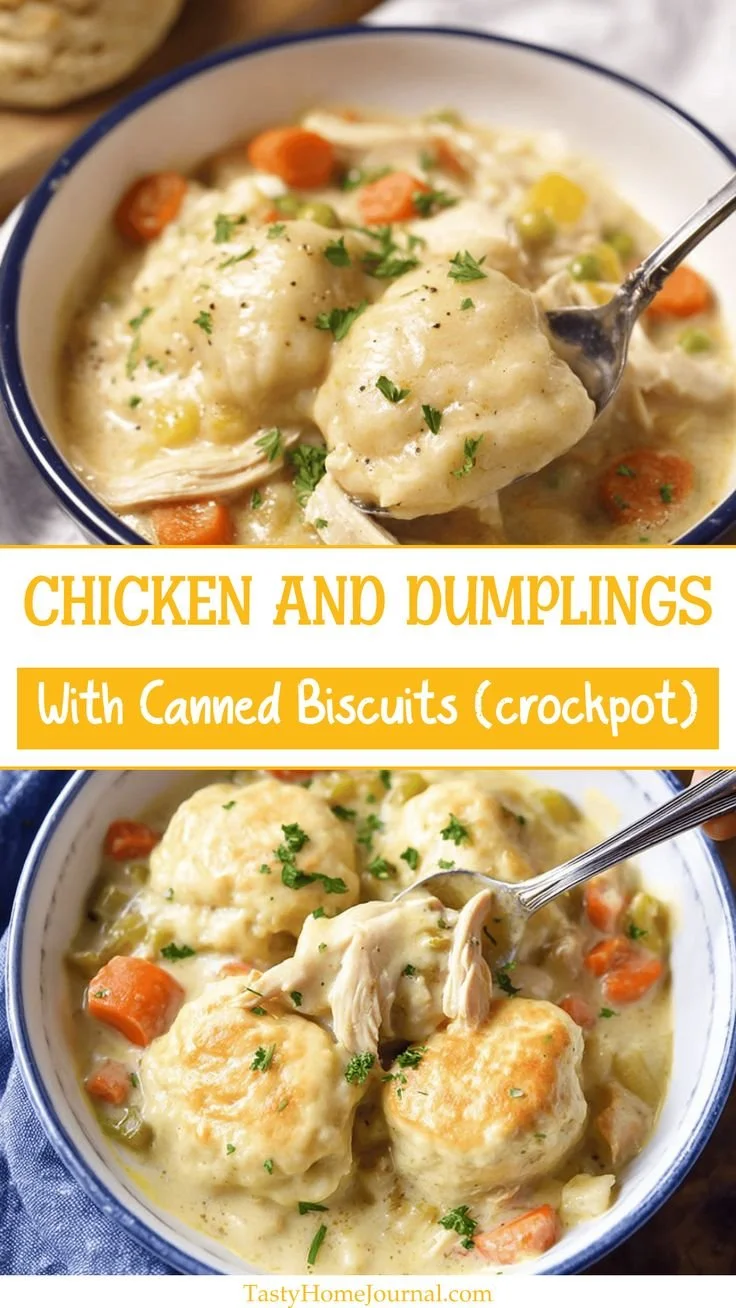 Easy crockpot chicken and dumplings made with canned biscuits