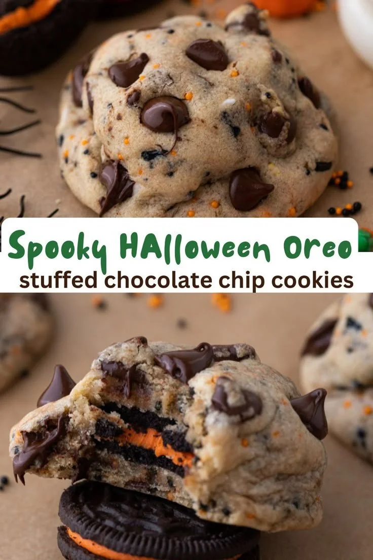 Halloween Oreo cookies stuffed in chocolate chip cookies