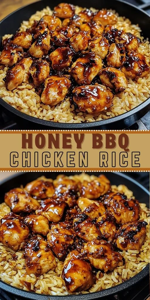 Plate of easy Honey BBQ chicken served with rice and fresh vegetables