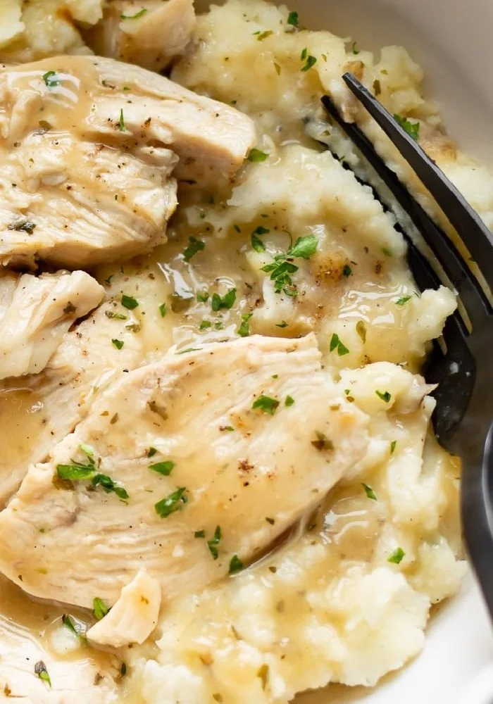 Easy Instant Pot chicken and gravy dish served in a bowl