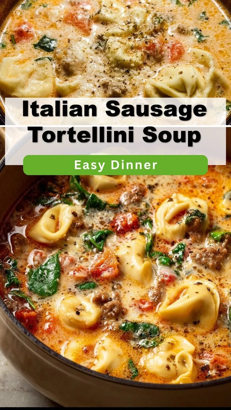 Bowl of Easy Italian Sausage Tortellini Soup garnished with parsley