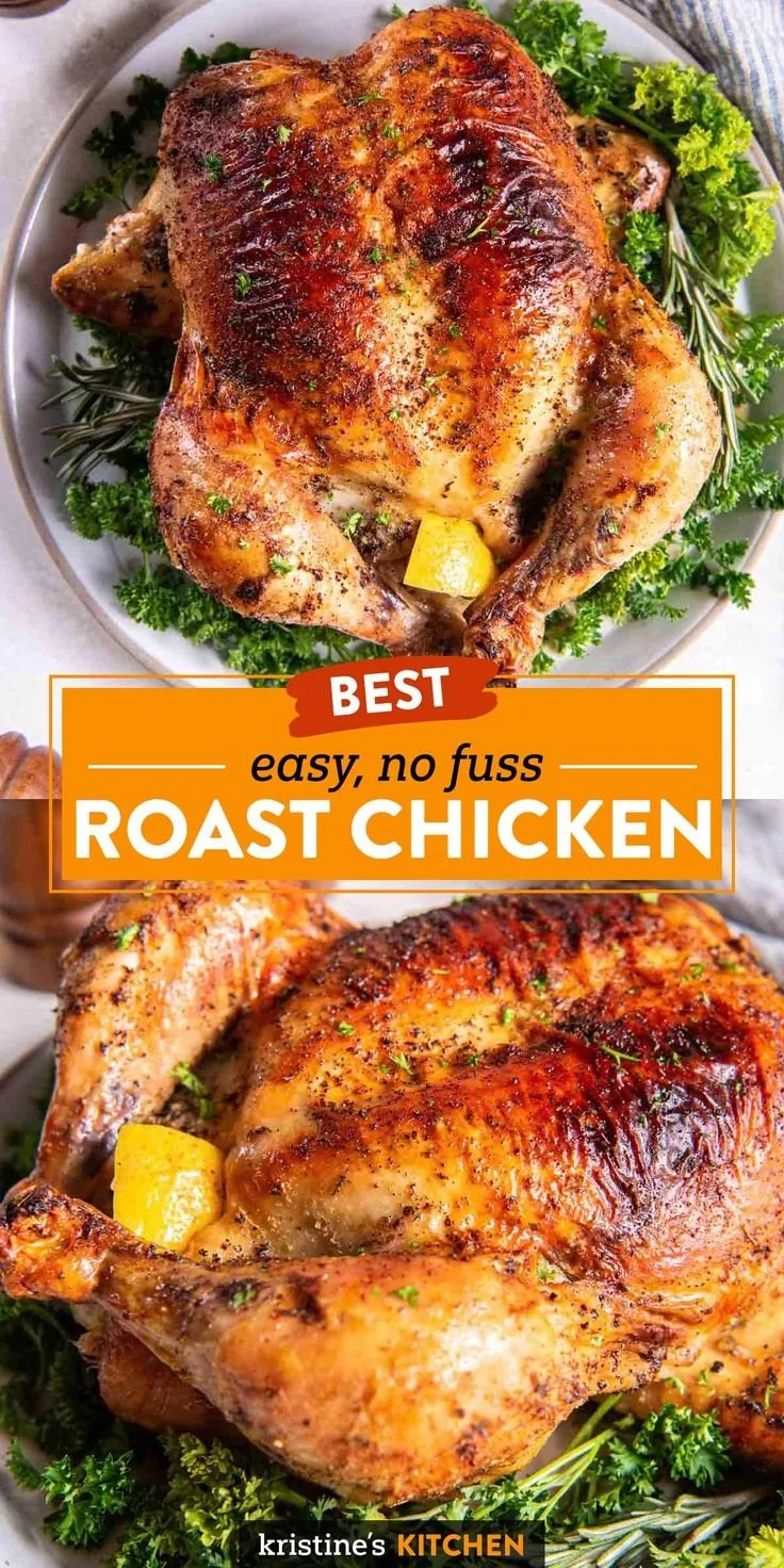 A golden brown roast chicken served on a platter with herbs and vegetables.