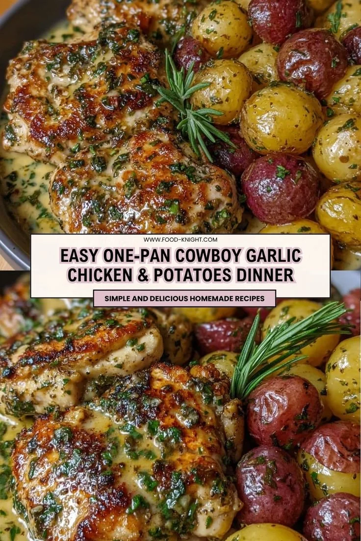 Delicious one-pan cowboy garlic chicken and potatoes dinner ready to serve