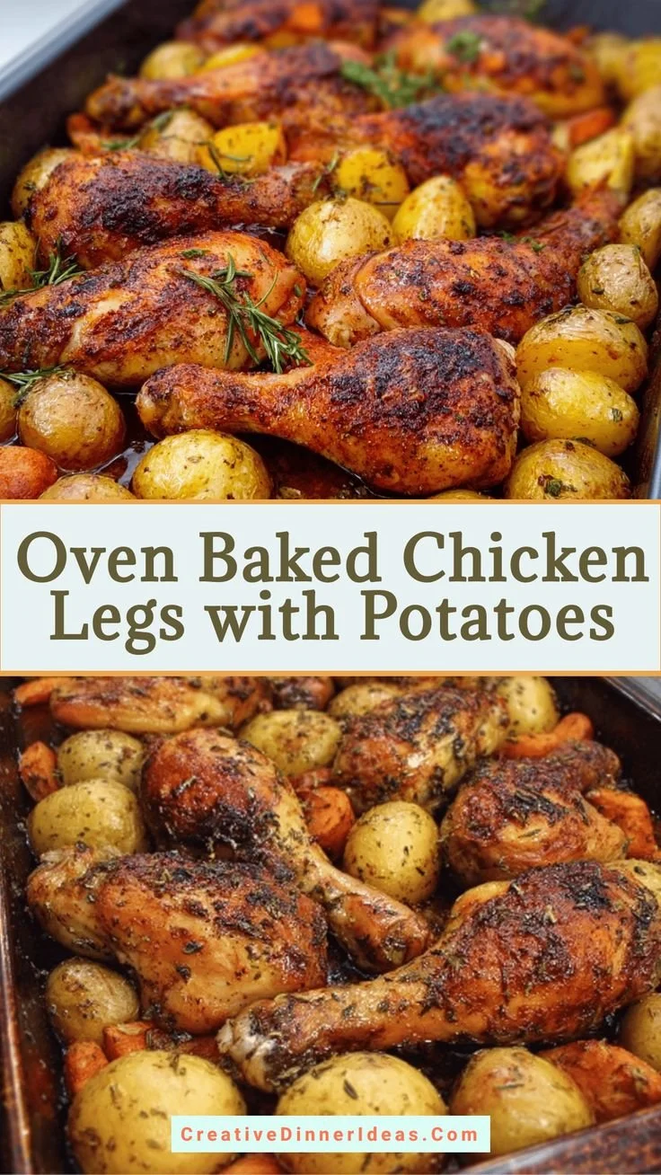 Easy oven baked chicken legs with potatoes, a delicious and simple dinner recipe.