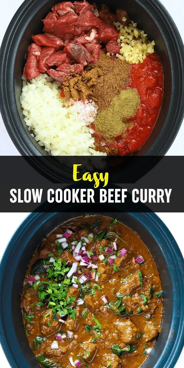 Easy slow cooker beef curry dish with colorful vegetables and spices