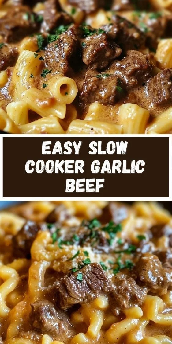Slow Cooker Garlic Beef Pasta served in a bowl with herbs