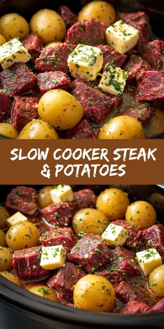 Delicious slow cooker steak with potatoes dinner