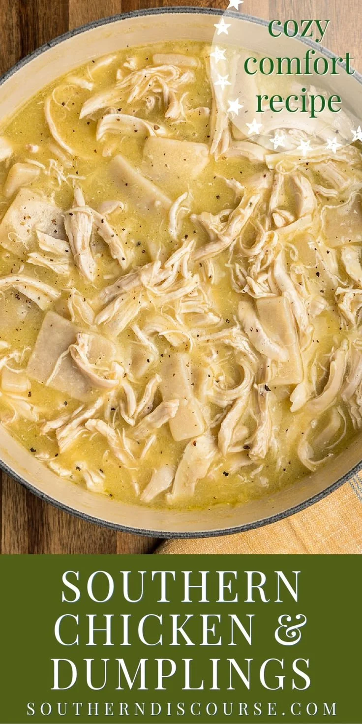 Bowl of easy southern chicken and dumplings served with herbs