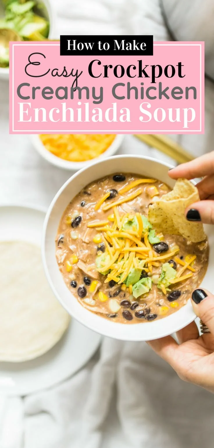 Creamy chicken enchilada soup served in a bowl, garnished with cilantro