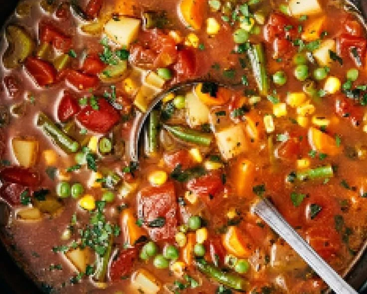 Bowl of homemade easy vegetable soup filled with fresh veggies