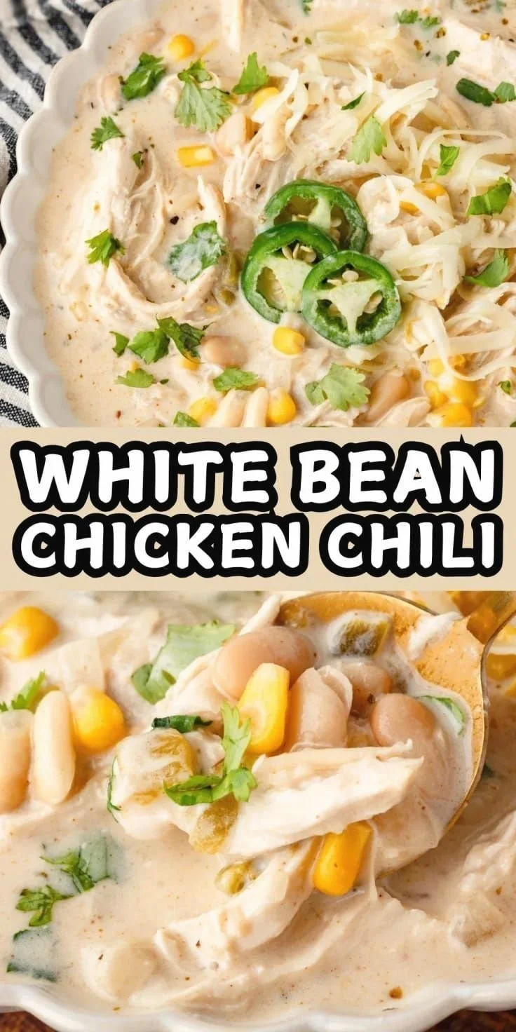 Bowl of easy white bean chicken chili topped with cilantro and avocado