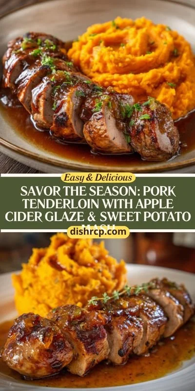 Pork tenderloin with apple cider glaze served with sweet potato mash on a plate