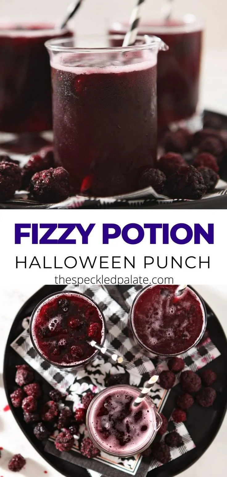 Fizzy Purple Potion Halloween Punch served in a festive glass