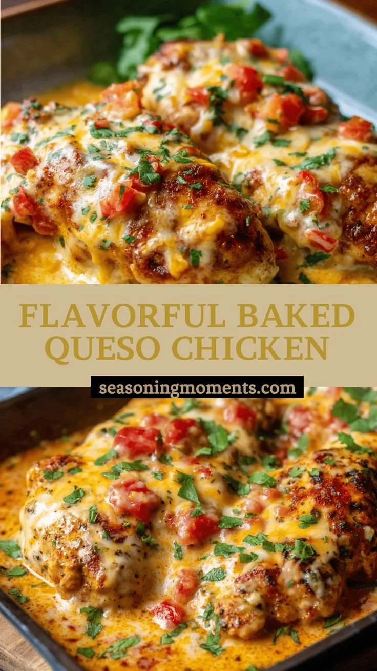 Delicious baked queso chicken dish topped with melted cheese