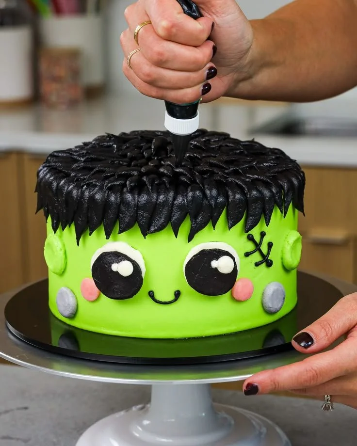 Homemade Frankenstein Cake decorated for Halloween