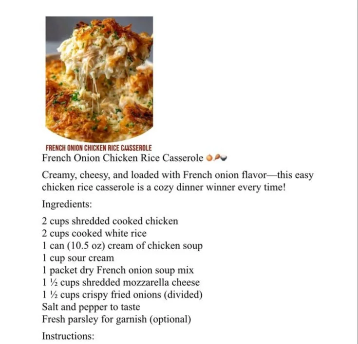 Delicious French onion chicken rice casserole baked to perfection.