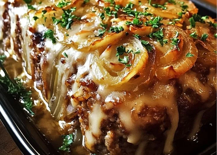Delicious French Onion Meatloaf topped with caramelized onions and cheese.