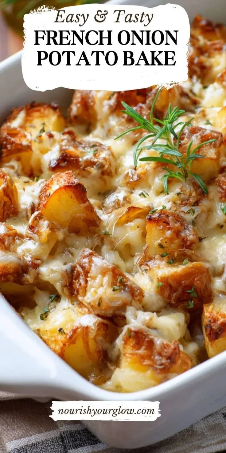 Creamy French Onion Potato Bake topped with melted cheese and herbs