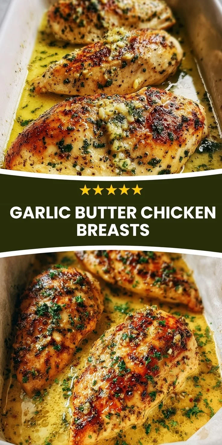 Dish of Garlic Butter Baked Chicken Breast served with herbs and spices